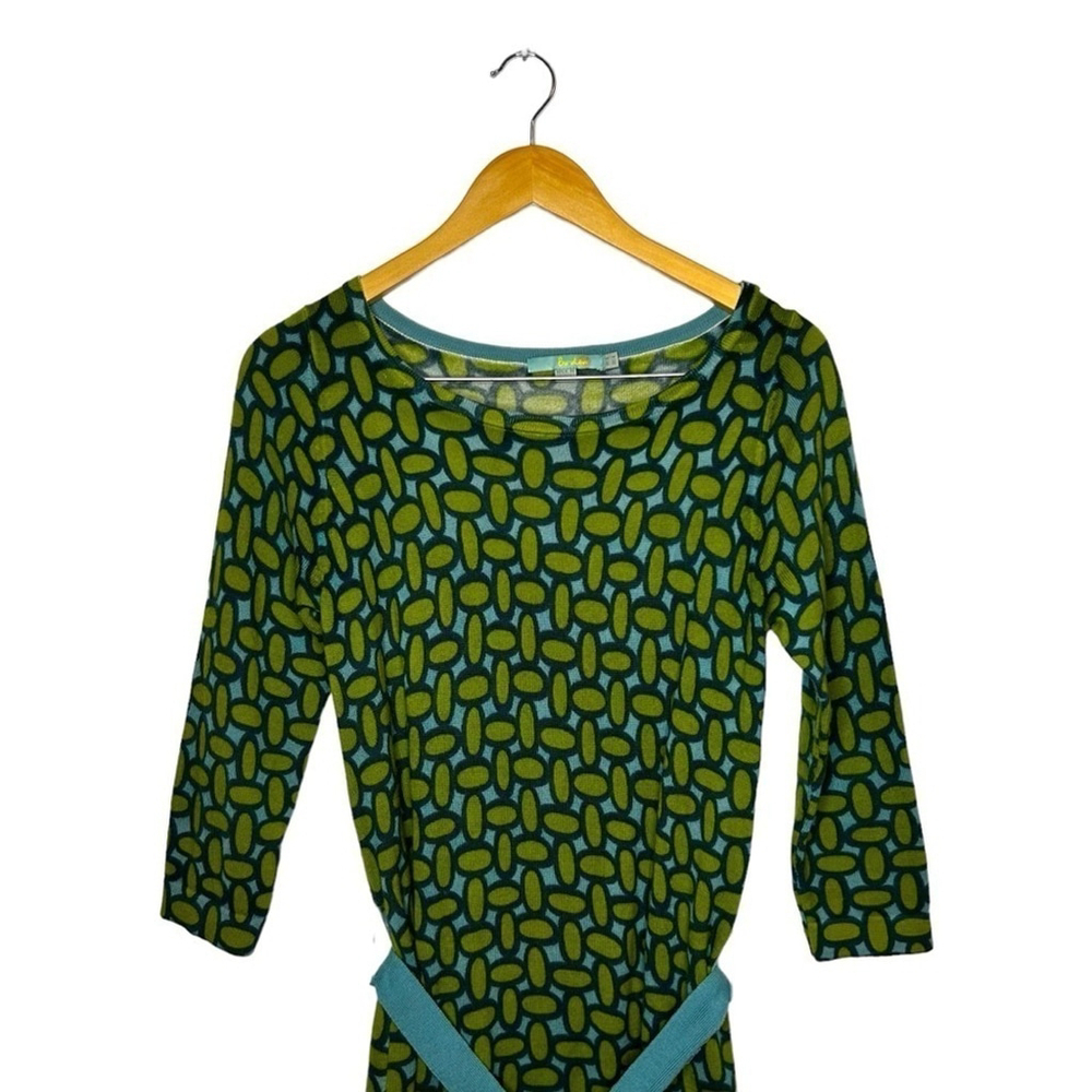 Boden Retro Green Blue Long Sleeve 100% Wool Art Deco Print MIDI Dress Size 4 - Picture 3 of 16